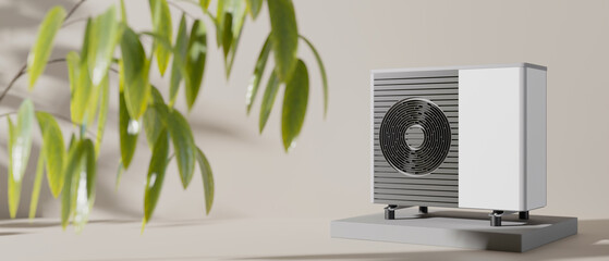 Fototapeta Air heat pump and leaves on beige background. Modern, environmentally friendly heating. Air source heat pumps are efficient and renewable source of energy. Banner. 3d rendering. obraz