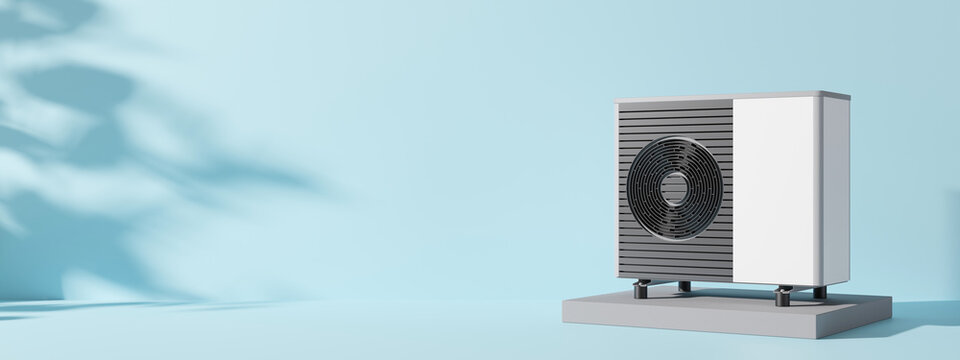Air heat pump on blue background. Modern, environmentally friendly heating. Air source heat pumps are efficient and renewable source of energy. Banner with copy space for text, advertising. 3d render.