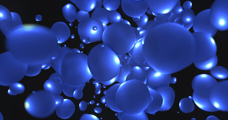 Abstract background with bright blue flying liquid bubbles glowing energy magic circles and balls drops in high resolution 4k animation motion design