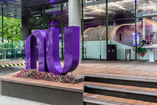Sao Paulo, Brazil, November 20, 2022: the front of the nubank digital bank headquarter in Sao Paulo city