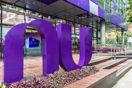 Sao Paulo, Brazil, November 20, 2022: the front of the nubank digital bank headquarter in Sao Paulo city