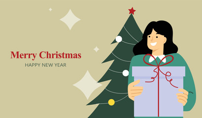 Merry Christmas and Happy New Year greeting card. Vector illustration. Woman holding present background for party invitation card, website banner, social media banner, marketing material