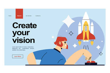 Business start up concept for web page, ui, banner, presentation, social media. New business launch process, idea project planning and realization, strategy. Young company launch rocket into space
