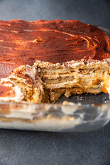 tiramisu sweet dessert savoiardi, mascarpone, amaretto meal food snack on the table copy space food background rustic top view