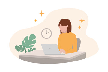 Freelance. Girl with laptop is sitting at the worker desk. People working at home, coworking space. Working from home, remote job. Vector illustration