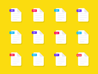 File formats icons set. Document types. Document file icons. Pdf, doc, jpg, xls, zip, rar, txt, avi, mow, eps. Icons for download. Graphic templates for ui in flat style. Vector illustration