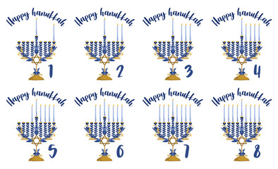 8 nights of Hanukkah. Jewish holidays symbols. Menorah clipart. Hanukkah countdown