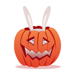 Vector white eared rabbit hides in an orange Halloween pumpkin. Peeps out of the holes of the pumpkin, long ears stick out from above