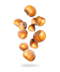 Dried hazelnuts close-up in the air isolated on a white background