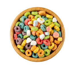 Colorful Breakfast Rings Pile in Bowl Isolated. Fruit Loops, Fruity Cereal Rings, Colorful Corn Cereals
