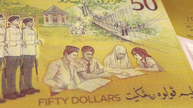 Brunei Brunei Dollar 50 Banknotes, Fifty Brunei Dollar, Close-up and macro view of the Brunei Dollar, Tracking and Dolly Shots 50 Brunei Dollar banknote Observe and Reserve Side, Brunei Dollar Money