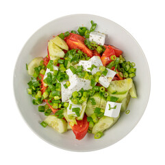 Greek Salad in White Bowl Top View Isolated. Fresh Garden Salat, Greek Salad with Green Onion, Feta Cheese