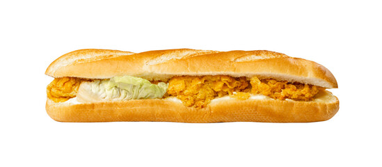 French Baguette Sandwich Isolated, Long Bread Loaf with Chicken Nuggets, Lettuce, Cucumbers