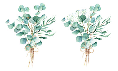 Eucalyptus watercolor bouquet set of two. Willow, true blue, silver dollar and gypsophila branches with jute cord bow. Hand drawn botanical illustration isolated on white background. Can be used for