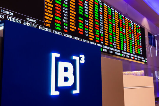 Sao Paulo, Brazil, November 22, 2022. Display with stock quotes in the modern visitor center of B3, Brasil, Bolsa, Balcao, in the headquarters of BOVESPA, Sao Paulo Stock Exchange, in downtown city