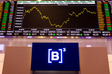 Sao Paulo, Brazil, November 22, 2022. Display with stock quotes in the modern visitor center of B3,...