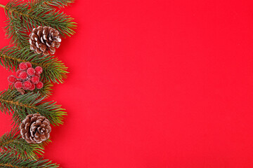 Christmas tree branches with cones on a red background