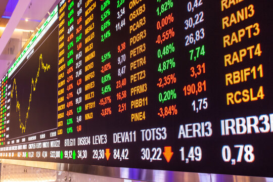 Sao Paulo, Brazil, November 22, 2022. Display with stock quotes in the modern visitor center of B3, Brasil, Bolsa, Balcao, in the headquarters of BOVESPA, Sao Paulo Stock Exchange, in downtown city