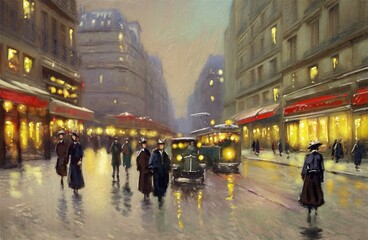 Oil paintings landscape, night view of the city of the city. Artwork, fine art, people walking on the street at night
