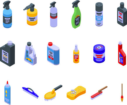 Cosmetics for the car icons set isometric vector. Cleaning car. Auto motor