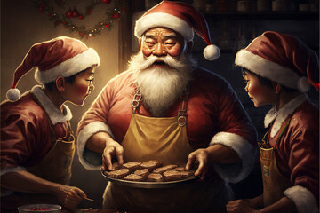 Santa asiático festejando Navidad, imagen creada usando inteligencia Artificial - obrazy, fototapety, plakaty