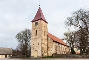 Durbe lutheran church in autumn day, Latvia.