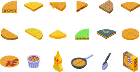 Quesadilla icons set isometric vector. Food restaurant. Kitchen mexican