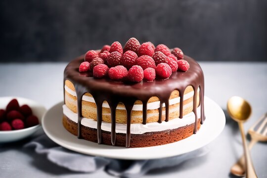 AI-generated Image Of A Decadent Delicious Chocolate Cake With Raspberries