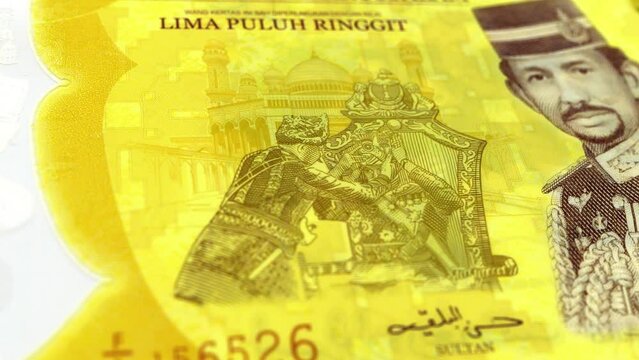Brunei Brunei Dollar 50 Banknotes, Fifty Brunei Dollar, Close-up and macro view of the Brunei Dollar, Tracking and Dolly Shots 50 Brunei Dollar banknote Observe and Reserve Side, Brunei Dollar Money