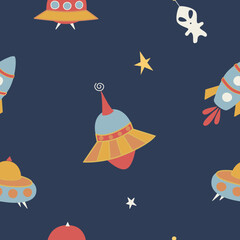 Naklejka na ściany i meble Flying Saucers UFO texture for fabric textile, wallpaper, apparel, wrapping, vector seamless pattern background