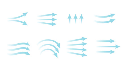 Air flow directions.
Blue Icons with arrows.Vector illustration.
