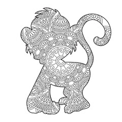 Zentangle monkey mandala coloring page for adults christmas monkey and floral animal coloring book isolated on white background antistress coloring page vector illustration