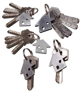 A set of house keys with a keychain on an isolated background.