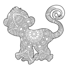 Zentangle monkey mandala coloring page for adults christmas monkey and floral animal coloring book isolated on white background antistress coloring page vector illustration