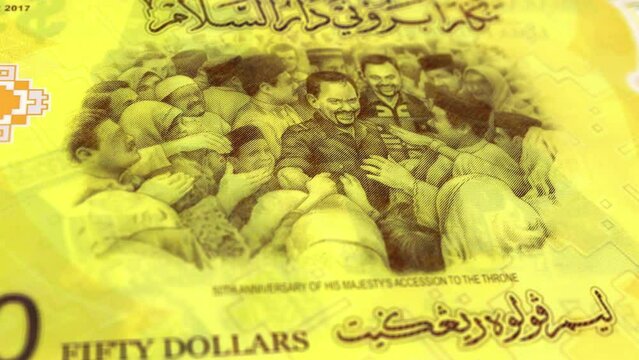 Brunei Brunei Dollar 50 Banknotes, Fifty Brunei Dollar, Close-up and macro view of the Brunei Dollar, Tracking and Dolly Shots 50 Brunei Dollar banknote Observe and Reserve Side, Brunei Dollar Money