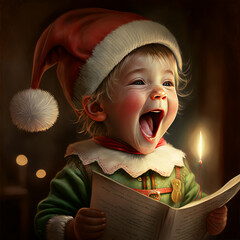 Pequeño ayudante de Santa Claus cantando villancicos - obrazy, fototapety, plakaty