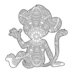 Zentangle monkey mandala coloring page for adults christmas monkey and floral animal coloring book isolated on white background antistress coloring page vector illustration