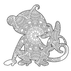 Zentangle monkey mandala coloring page for adults christmas monkey and floral animal coloring book isolated on white background antistress coloring page vector illustration