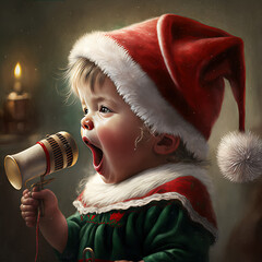 Pequeño ayudante de Santa Claus cantando villancicos - obrazy, fototapety, plakaty