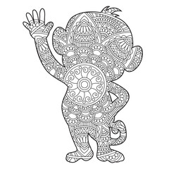 Zentangle monkey mandala coloring page for adults christmas monkey and floral animal coloring book isolated on white background antistress coloring page vector illustration