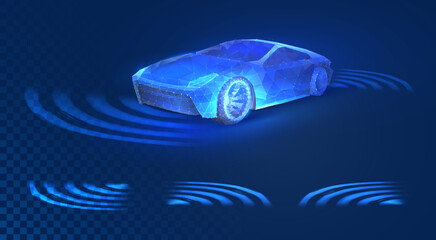 Autonomous car with touch sensors in a futuristic style. A smart vehicle with motion sensors for safe driving. Vector illustration of a holographic transport silhouette