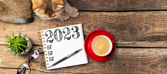 New year resolutions 2023 on desk. 2023 resolutions list with notebook, coffee cup, cute cat on...