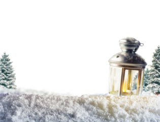 Christmas background with a lantern in a snowy landscape