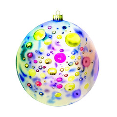 Vector watercolor magic Christmas ball, multicolor painted holidays ball, Happy New Year and Merry Christmas!