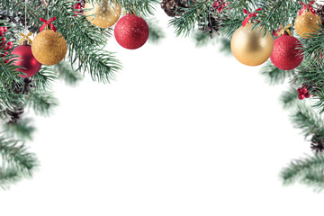 Obraz na płótnie Canvas Christmas decoration with snow, pine and ball with sparkly background