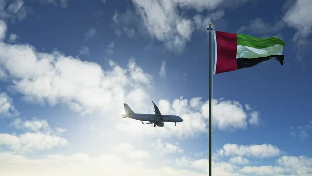 Generic airplane landing in UAE. A passenger plane lowering its landing gears as it approaches a Dubai airport.
