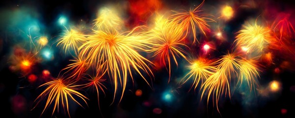 Fototapeta premium abstract illustration of a colorful fireworks on a dark sky as a new year banner theme