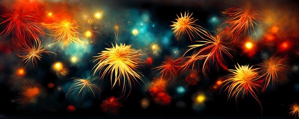 abstract illustration of a colorful fireworks on a dark sky as a new year banner theme