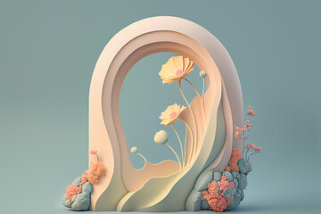 Gypsum stone and flowers on pastel pink blue, natural background for product. Minimal scene. Still Life