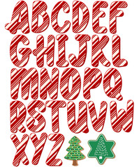 Candy cane sugar cookies alphabet letters set for Christmas Holiday in red and white bubble font on transparent isolated background. 